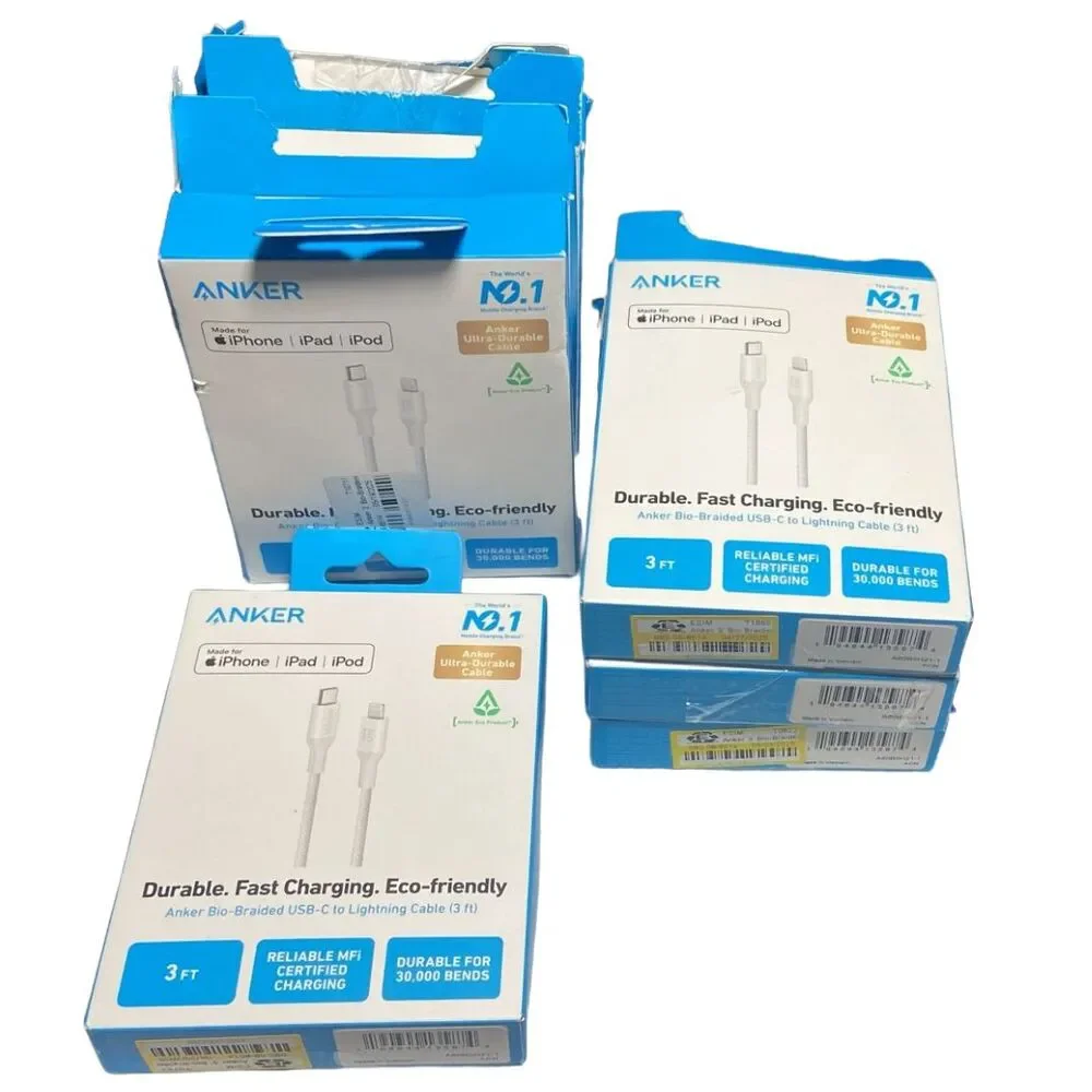Anker Bio‑Braided 3ft Lightning to USB‑C Cable White MFi Certified Fast Lot of 7